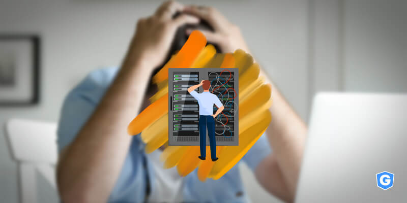 IT leader commiting cybersecurity mistakes and worried in front of a server and a computer