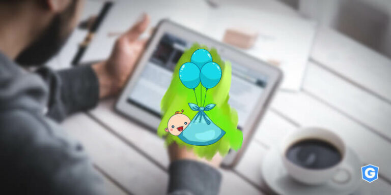 Recém-nascido chegando de balão na tela de homem que lê sobre a história da engenharia social