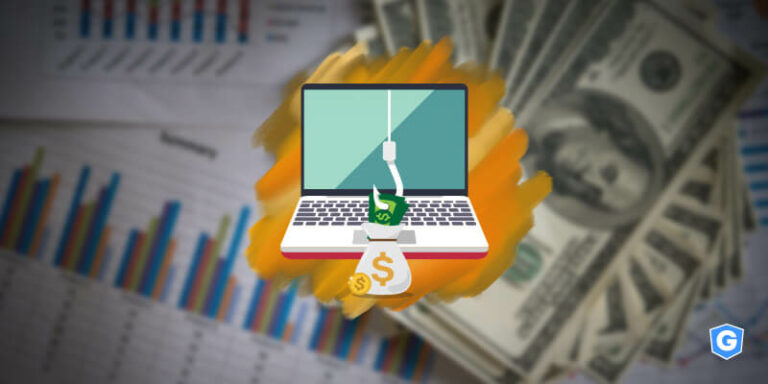 Ataque cibernético pescando saco de dinheiro.