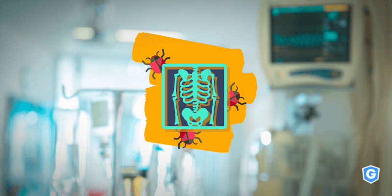 Malware affecting medical scan with hospital in the background