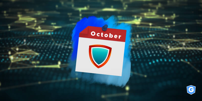 Cybersecurity shield in the calendar showing october month above network