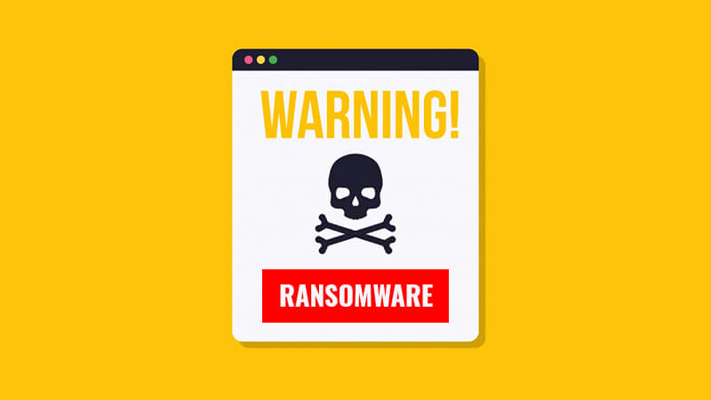 Alert shows warning message about ransomware with skull on it