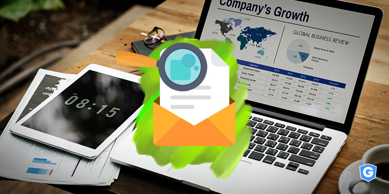 Secure email gateway intercepting an email content with a magnifier in front of a growth report