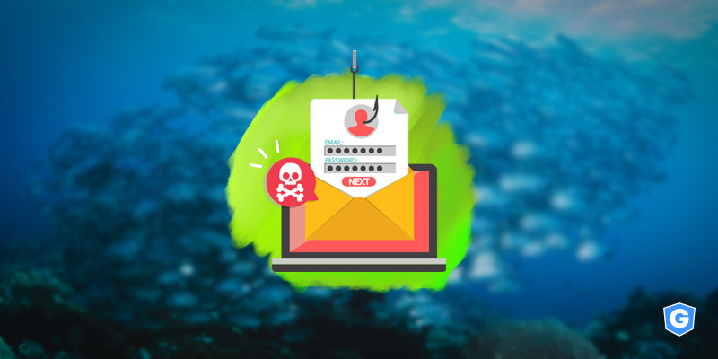 Hook getting data with phishing email revealing a threat into the ocean