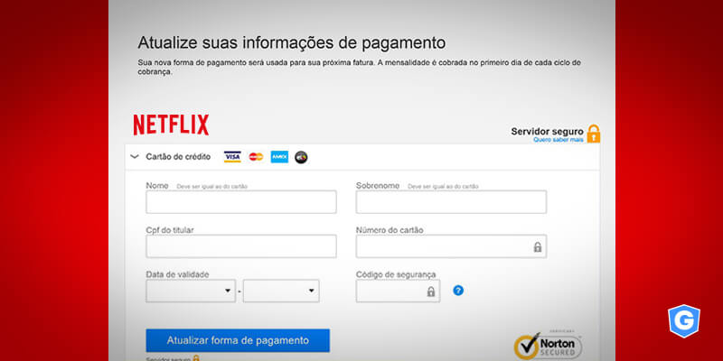 Página falsa da Netflix aplicada em golpe de phishing.