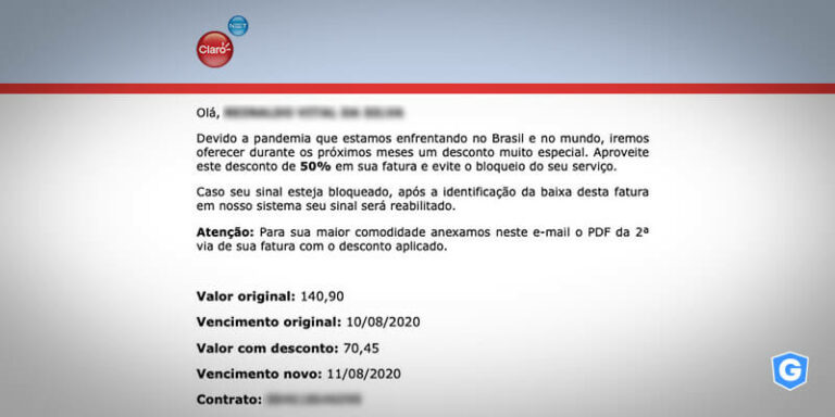 E-mail falso sobre fatura da Claro.